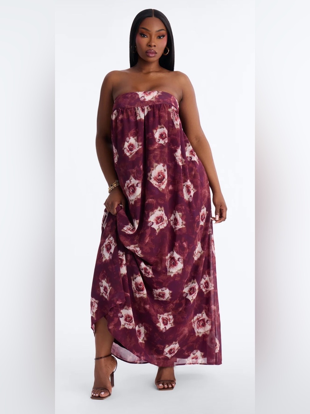 Nola Strapless Floral Maxi Dress - Wine/combo